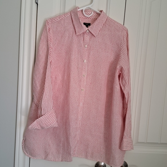 TALBOTS WOMAN 1X linen blouse shirt top red pinstripe darts long sleeve plus sz - Picture 6 of 7